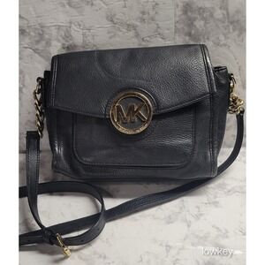 Michael Kors Fulton Black Pebbled Leather Crossbody Bag Gold MK Logo Messenger
